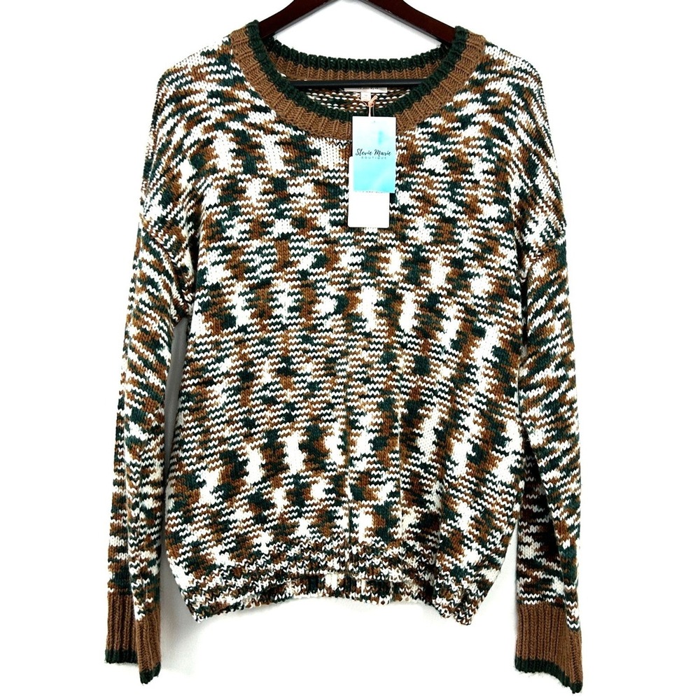 Skies Are Blue Women M Sweater Brown Green Abstract Knit Crew Neck Pullover U